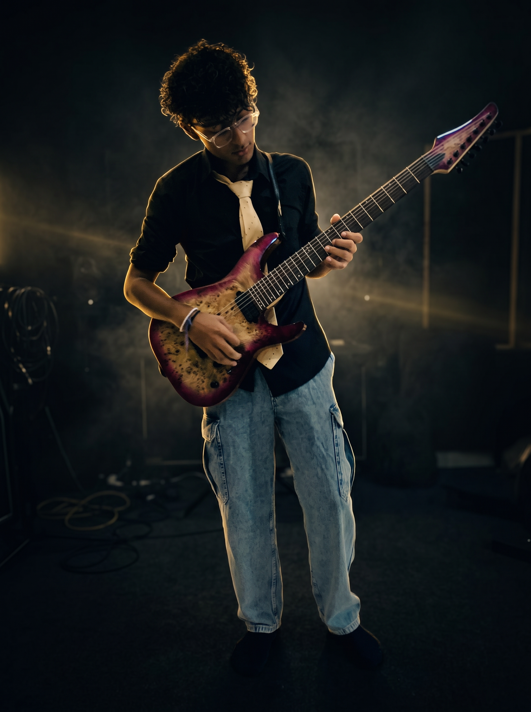 Anirudh performing on electric guitar under cinematic gold stage lighting