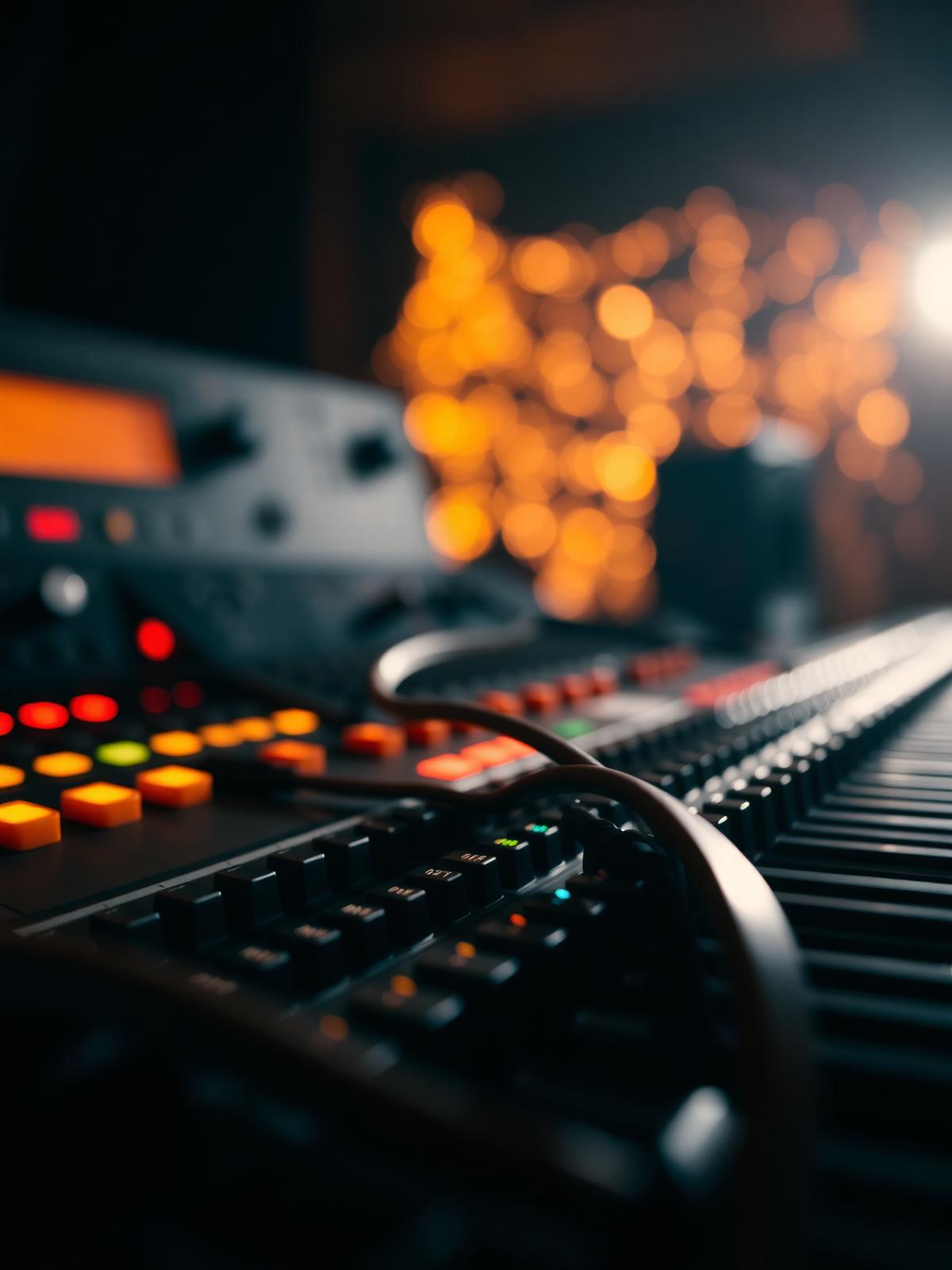 Analog synthesizer cables and warm amber studio lights